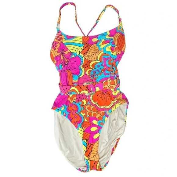 PALMS AWAY BRIGHT FLORAL BELTED ONE PIECE SWIMSUIT VIBRANT NWOT WOMEN SIZE SMALL - Picture 2 of 9